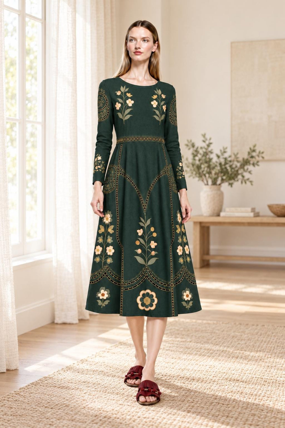 Forest green botanical midi dress beside light curtains.