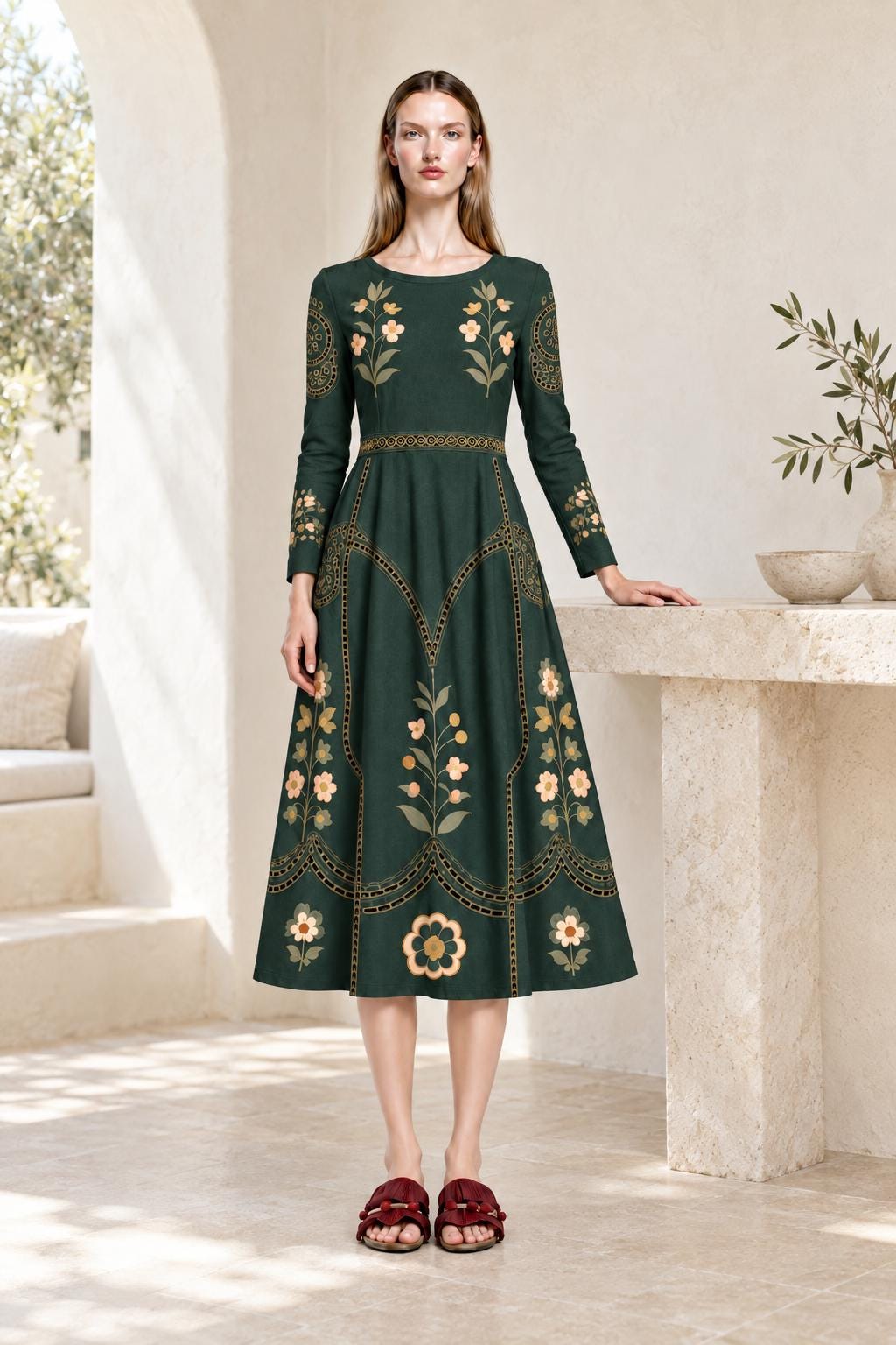 Forest green long-sleeve midi dress with floral motifs and curved eyelet-effect printed borders, beside a pale stone console.