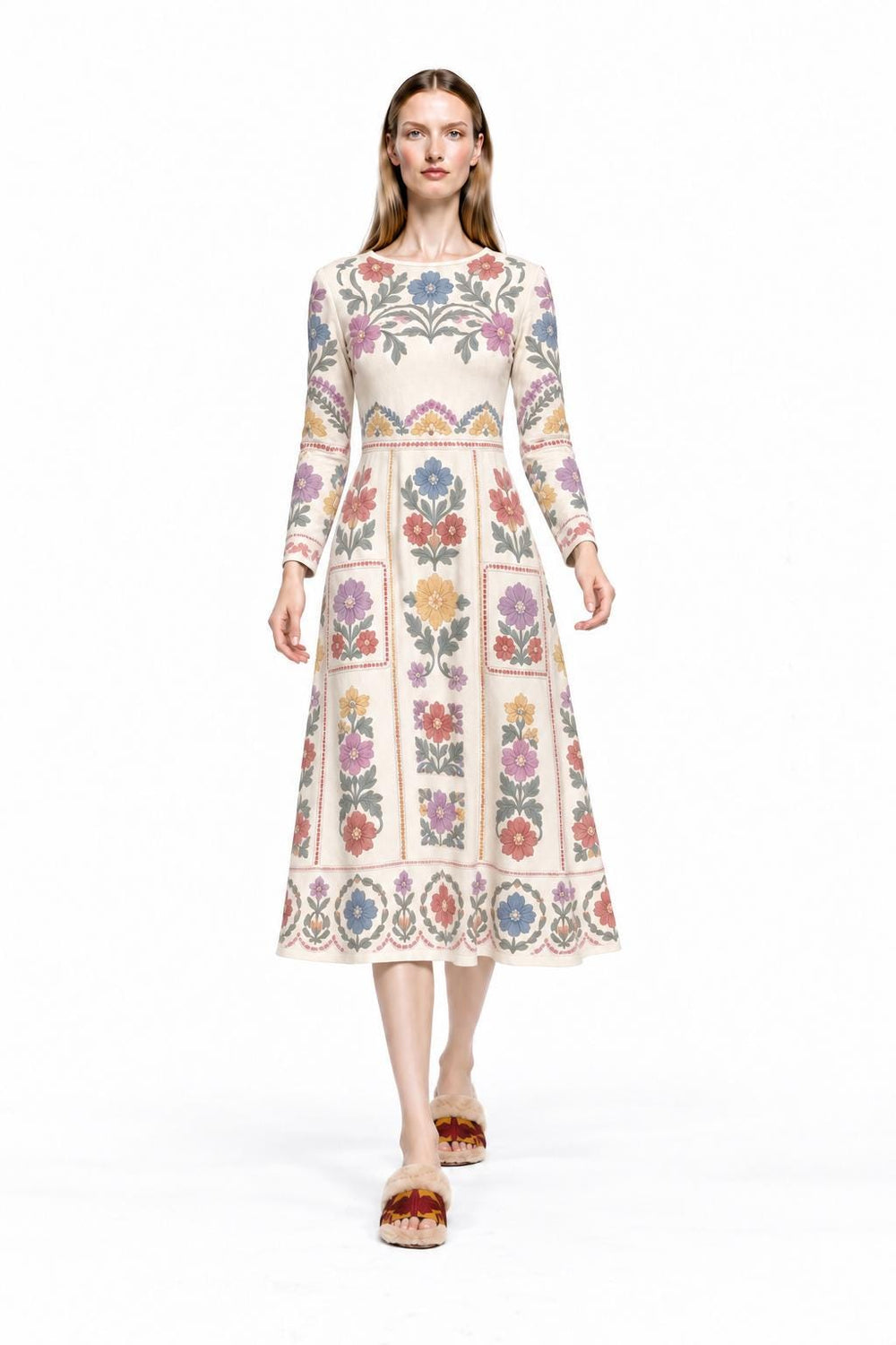 Ivory midi dress with blue, lavender, coral and mustard floral panels, long sleeves and a medallion border.