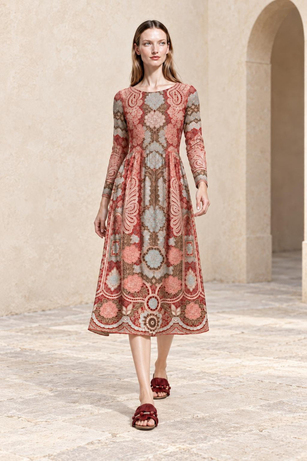 Terracotta long-sleeve midi dress with muted multicolor paisley florals and printed medallions in a stone courtyard.
